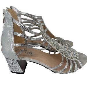 Luhui Silver Rhinestone Gladiator Sandals Women's US 9 EU 40 Crystal Block Heel